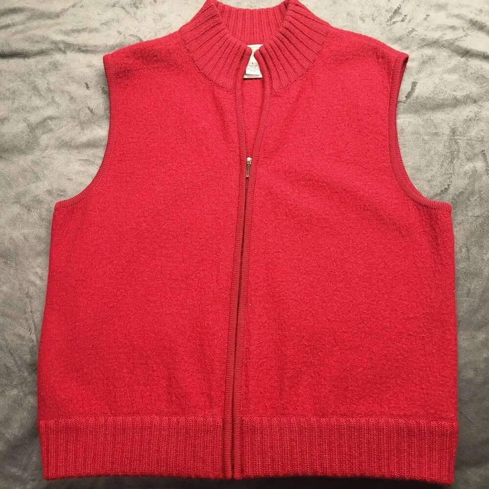 TALBOTS Size L Women Red 100% Wool Full Zip Vest Stand Collar Pockets Mock Neck